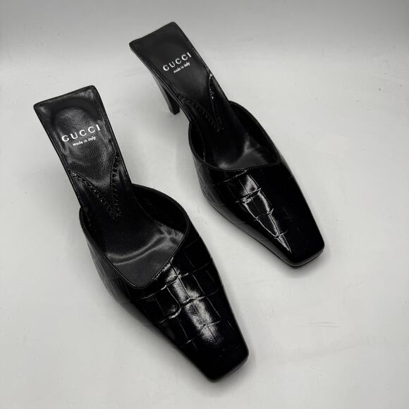 Gucci Interlocking G Logo Croc Calf Lux Embossed Leather Mules Black 36.5 US 6.5